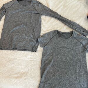 LULULEMON gray, long sleeve and gray short sleeve tech running shirts.